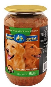 ВЕРНЫЕ ДРУЗЬЯ корм д/собак конс (650 г) мясное ассорти/паштет ст/банка (1*8)
