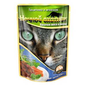 НОЧНОЙ ОХОТНИК корм д/кошек пауч (100 г) желе/телятина/ягненок (1*24)